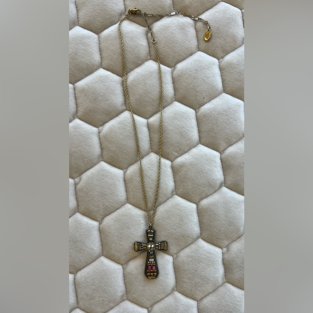 Goldstone and beaded crystals Cross Pendant Necklace - Picture 3 of 3